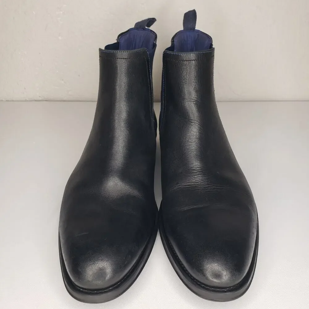 Ted Baker London Black Leather Chelsea Boots with Navy Elastic Panels